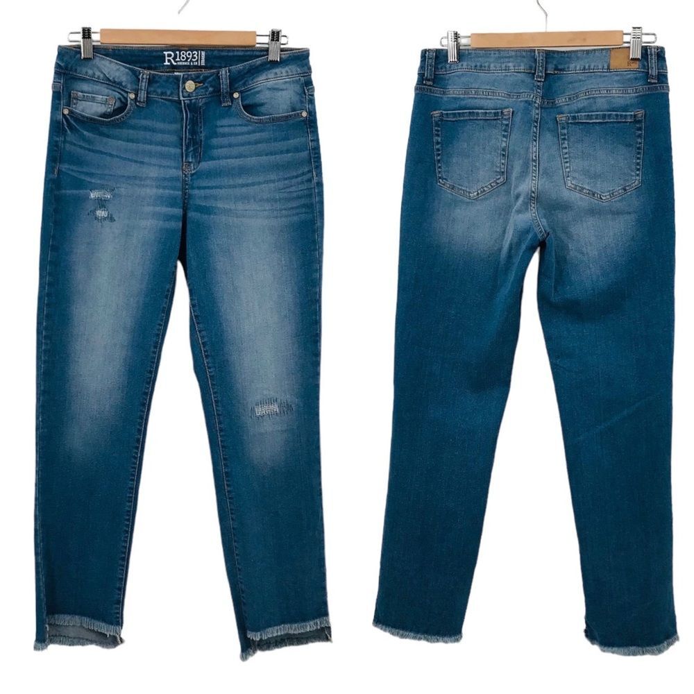 R1893 Roebuck & Co. Straight Leg Patchwork Uneven Raw Hem Jeans
